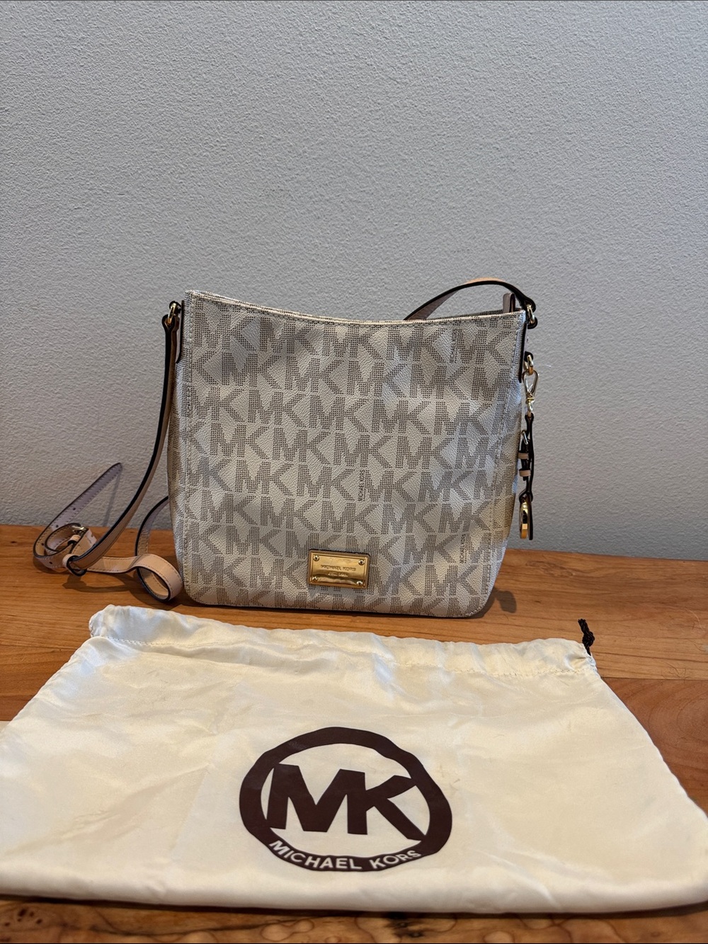 Michael Kors Beige Cream Logo Crossbody Bag with Gold Hardware
